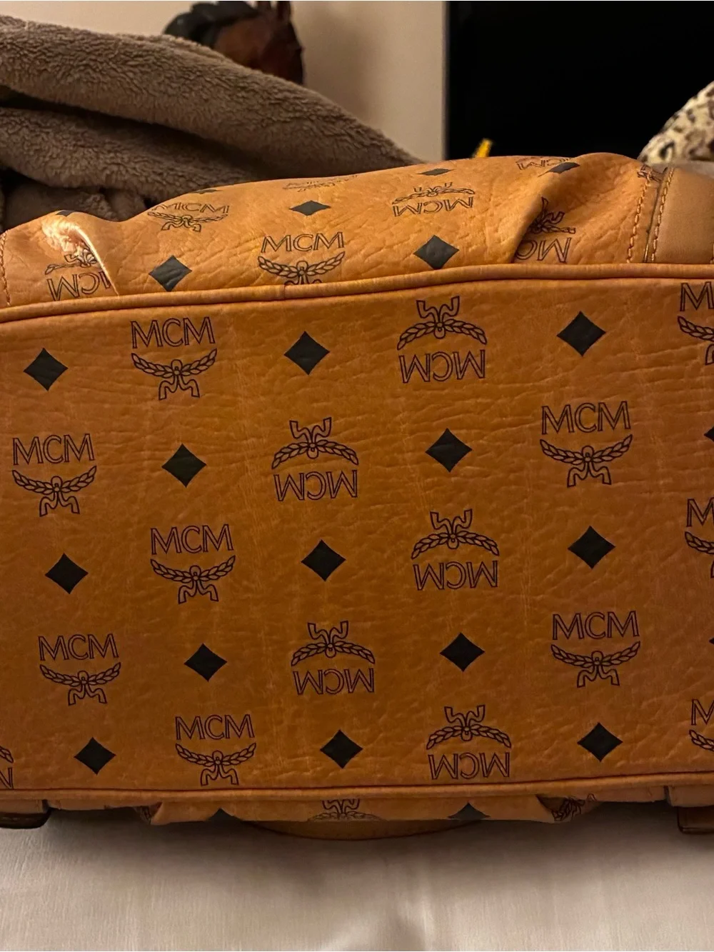 MCM Logo Visetos Pattern Shoulder Hobo Bag Leather Brown Cognac MSRP $1198